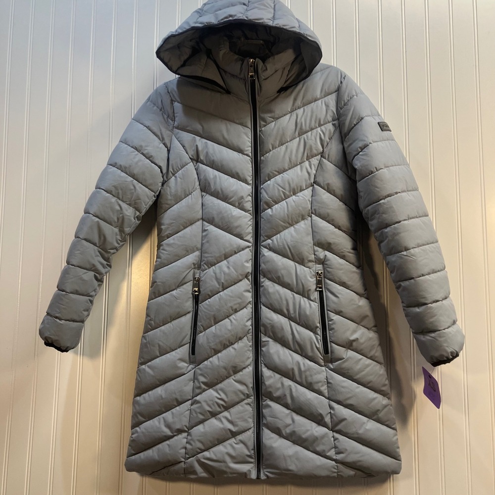 DKNY Walker Women's XS Gray Hooded Quilted Puffer Coat Front Zip Jck36 Chevron